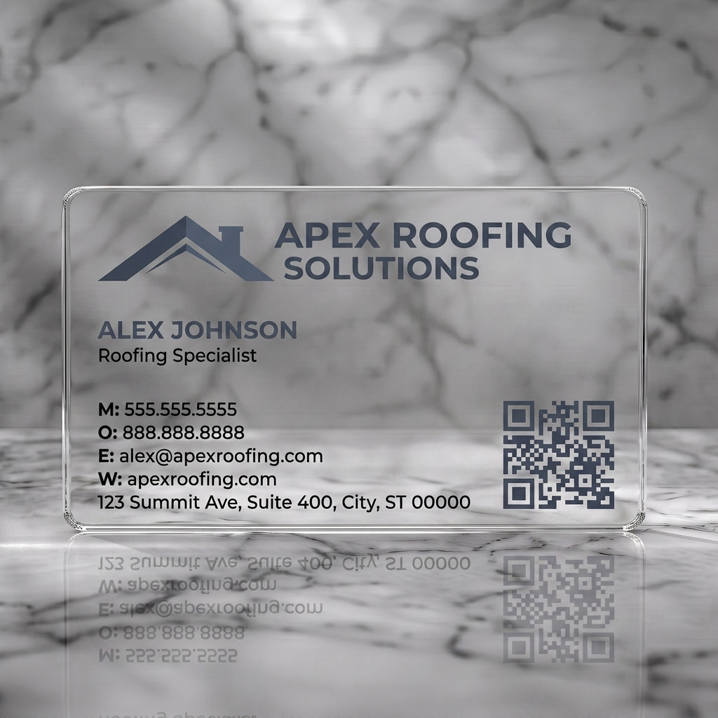 Clear plastic business card featuring a contemporary charcoal palette, minimalist roof icon, clear sans-serif text, and a functional QR code