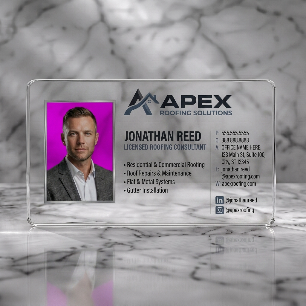 Clear plastic business card featuring a modern design with a professional headshot, blue-grey logo, clear sans-serif typography, and social icons