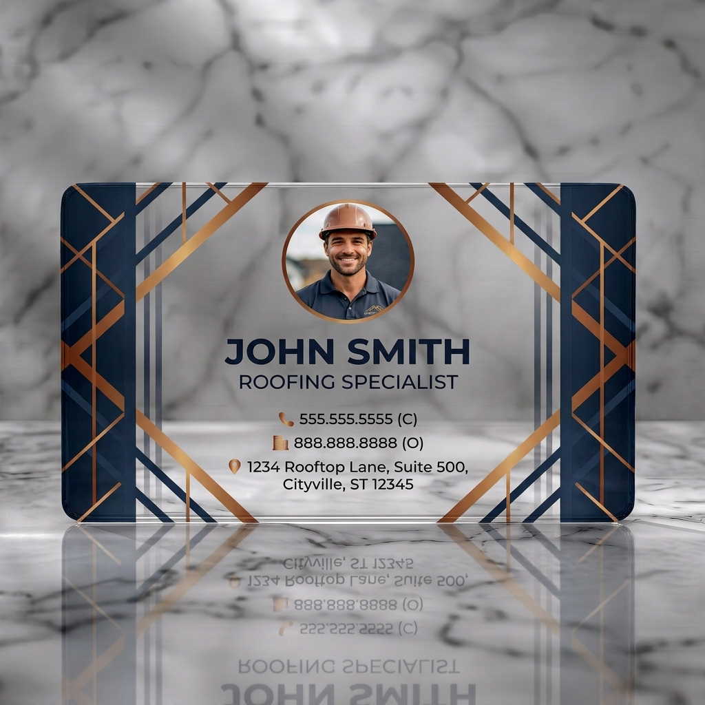 Clear plastic business card featuring geometric dark grey and rose gold pattern, sans-serif typography, and industry-specific icons with photo