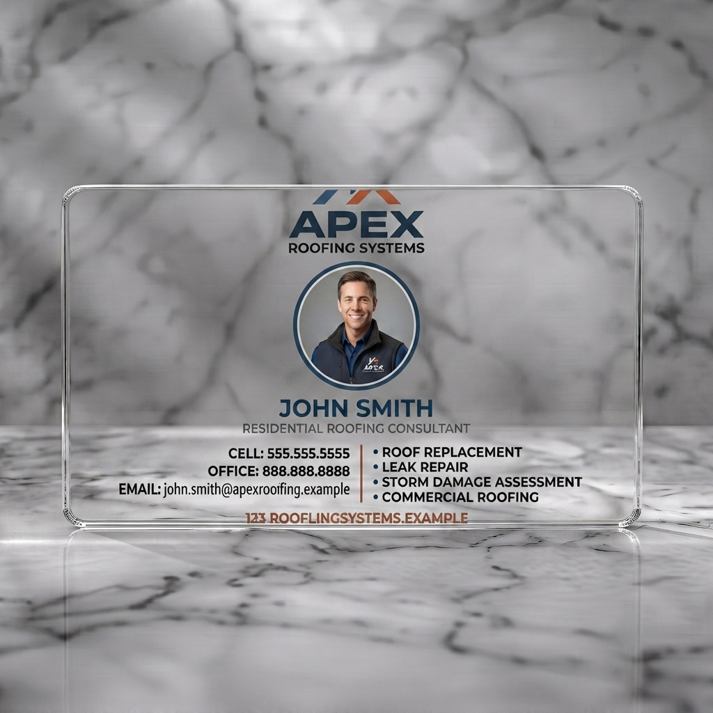 Clear plastic business card featuring a blue and orange Apex roofing logo, circular portrait, and clean sans-serif text