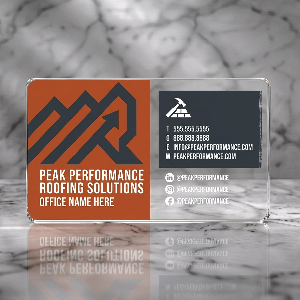 Clear plastic business card featuring modern geometric logo, burnt orange/charcoal, bold sans-serif, roofing/social media icons
