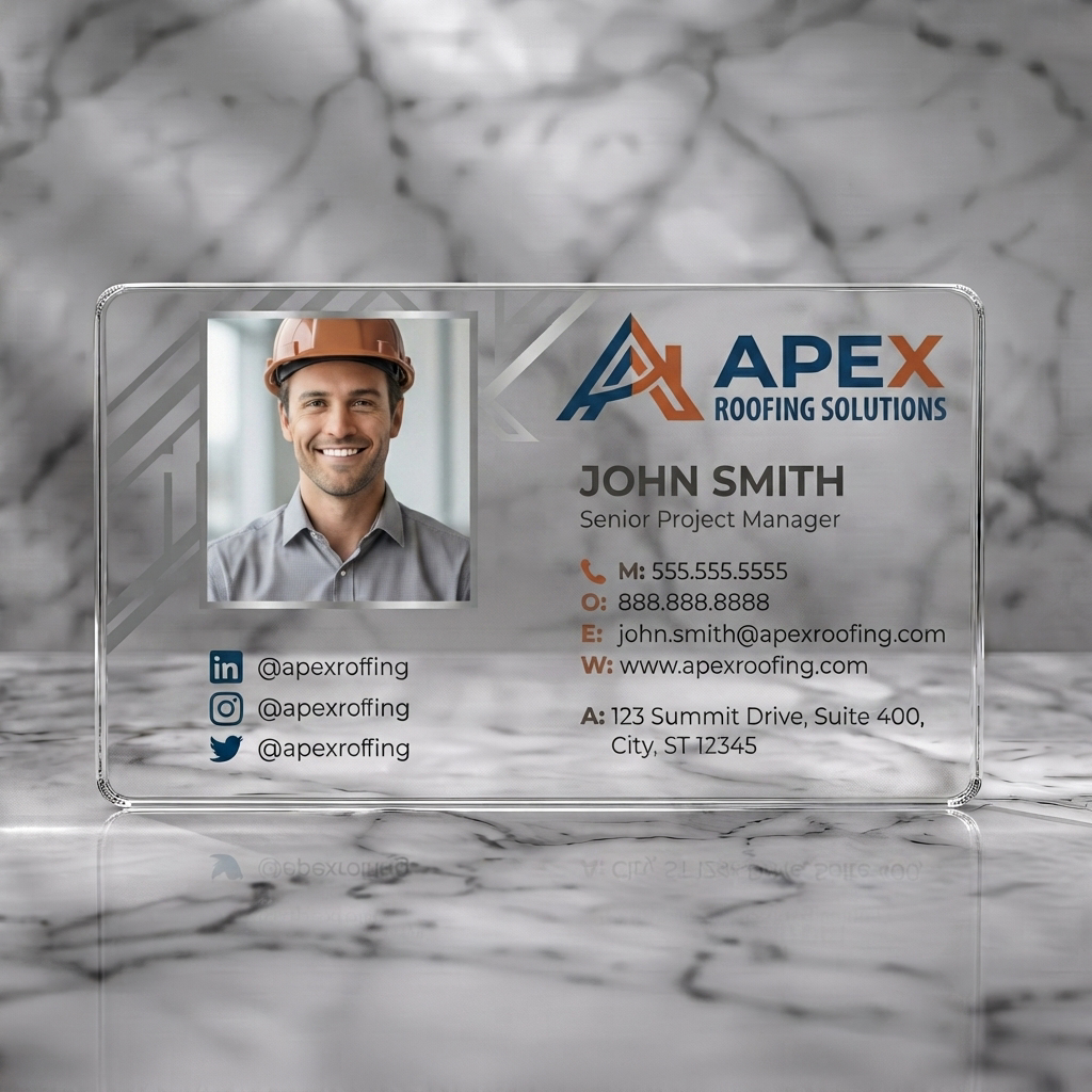 Clear plastic business card featuring 