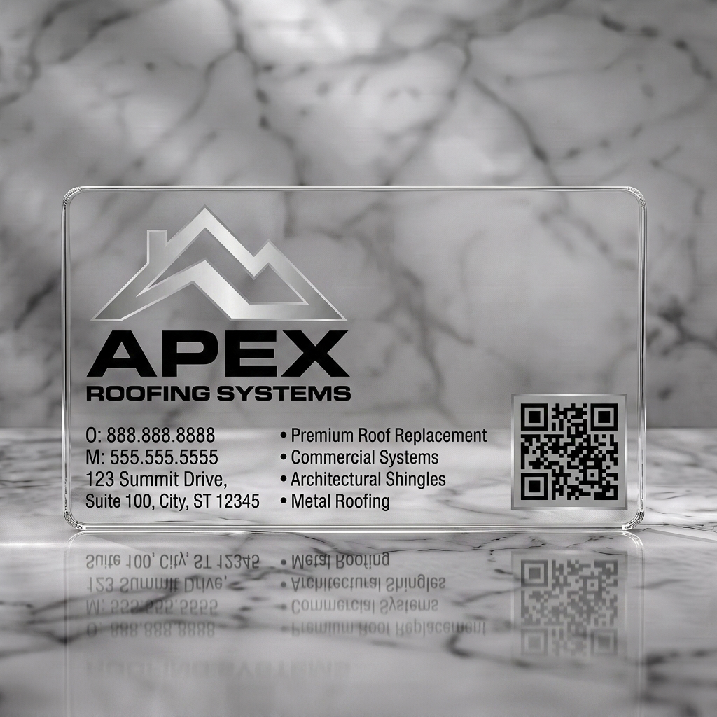 Clear plastic business card featuring modern silver roof icon, bold black typography, contact, service list, and QR code for roofing