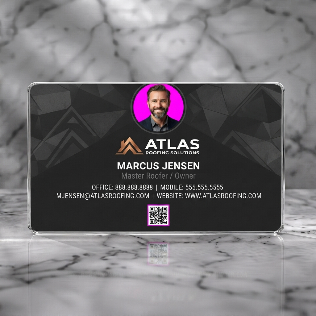 Clear plastic business card featuring modern dark grey with geometric pattern, copper roof logo, bold white text, and profile photo