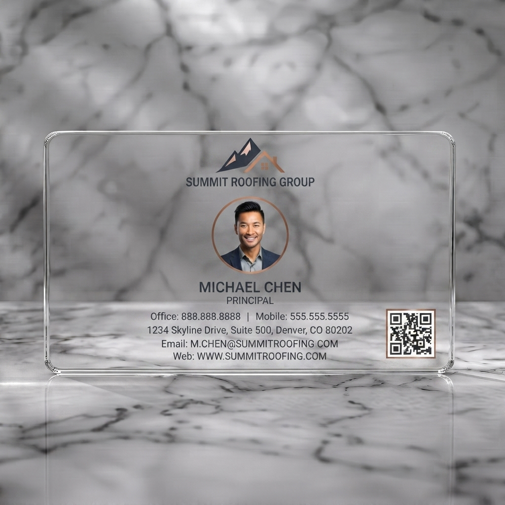 Clear plastic business card featuring a brushed metallic silver design with a mountain/roof logo, copper accents, modern typography, and a QR code
