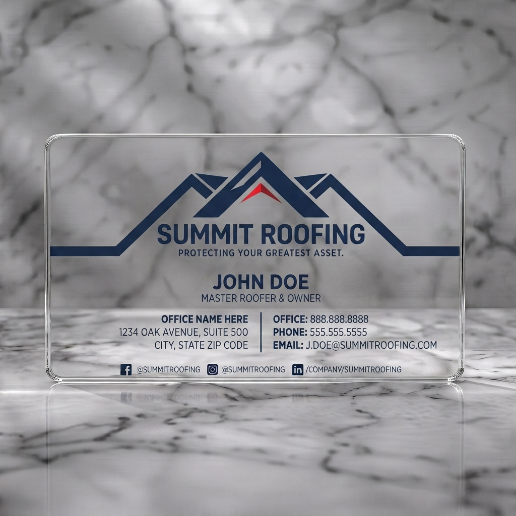 Clear plastic business card featuring a modern roofing design featuring a blue/red mountain logo, clean typography, and social media icons