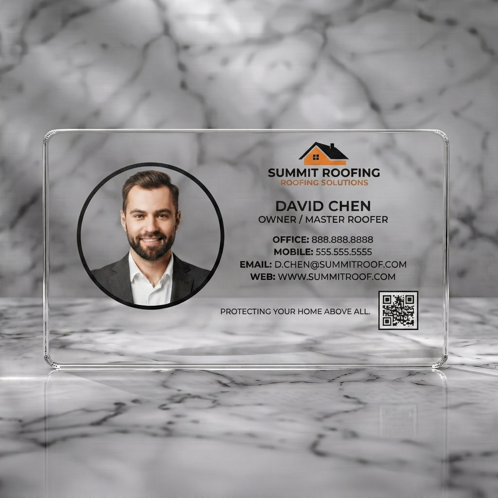 Clear plastic business card featuring a modern design, professional headshot, bold white typography, black & orange roof logo, and QR code