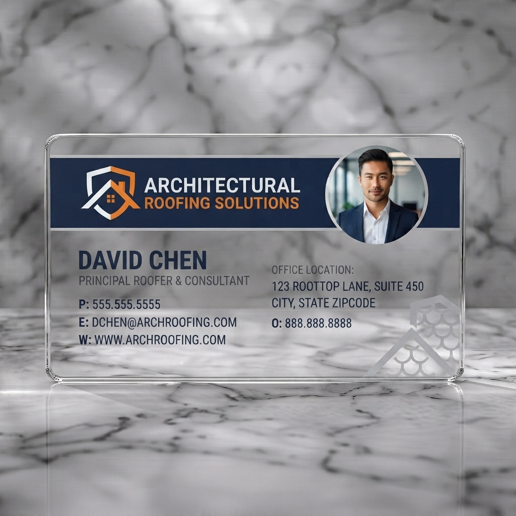 Clear plastic business card featuring a clean, professional design with a dark blue and orange palette, sans-serif typography, roof-shield logo, and a professional photo