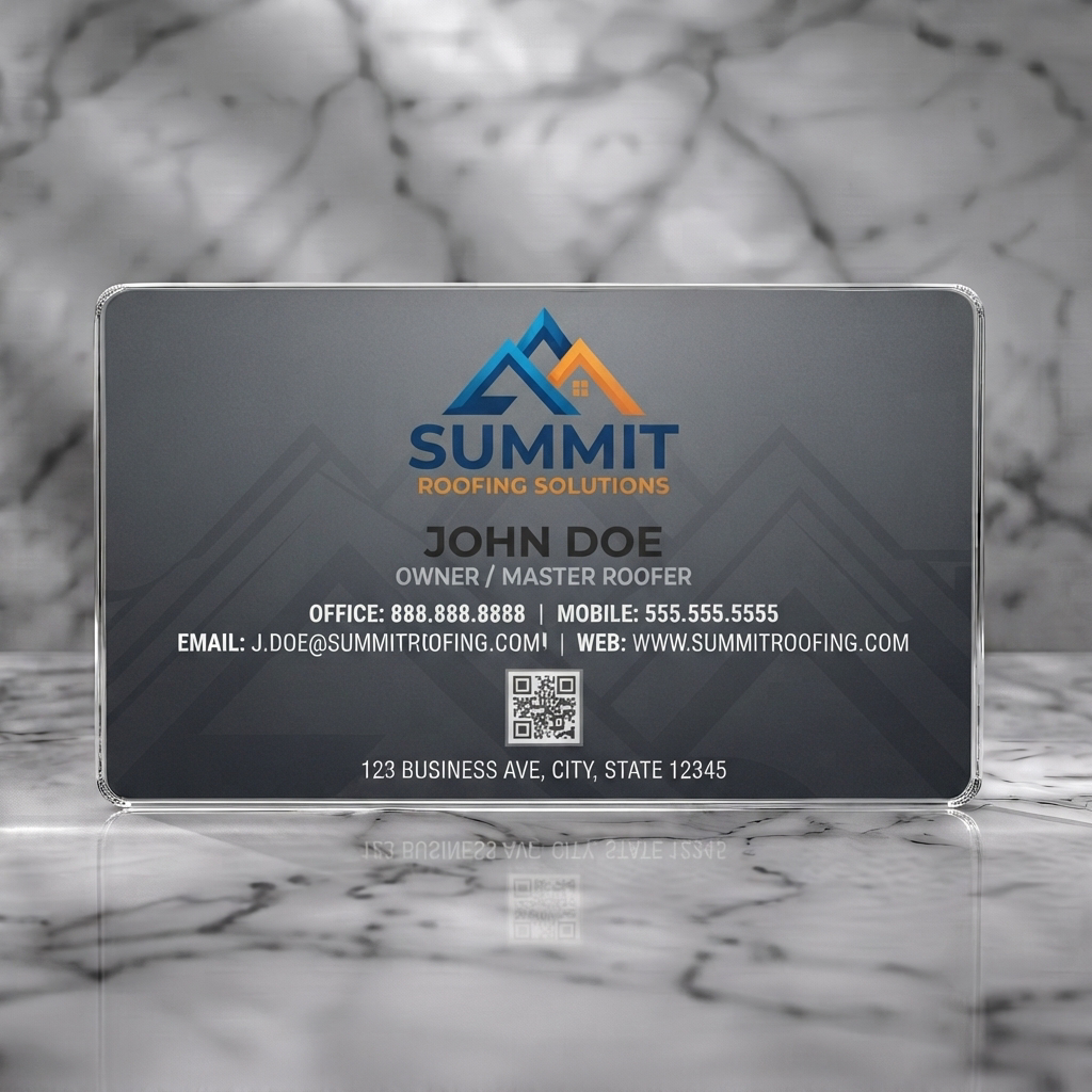 Clear plastic business card featuring a modern dark gray design, blue and orange roof logo, clear sans-serif text, and a QR code