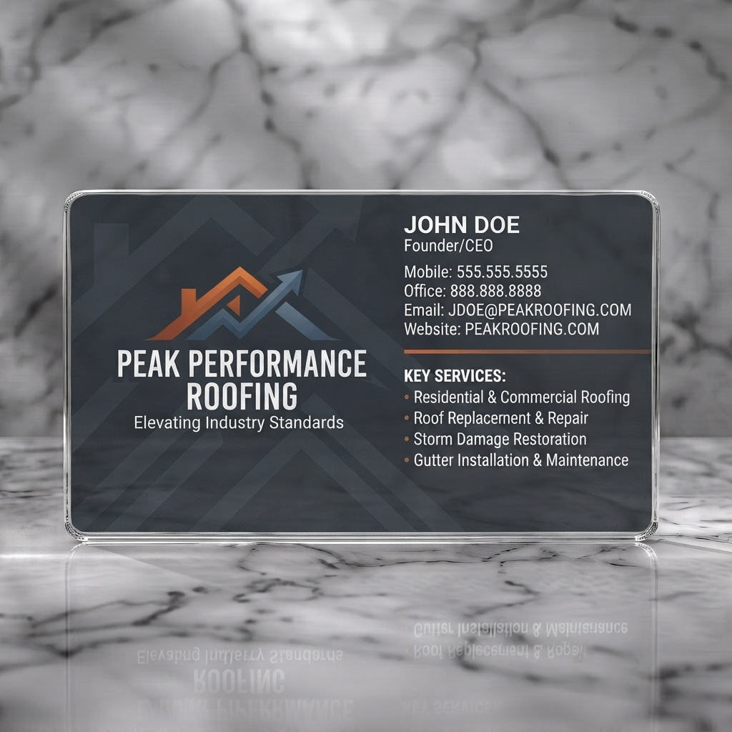 Clear plastic business card featuring modern dark gray design, orange/blue roof arrow logo, white sans-serif text, and key services