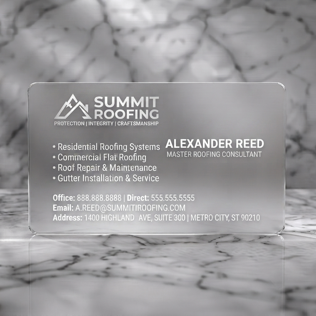 Frosted translucent plastic business card featuring modern dark card with a mountain roof logo, clean white sans-serif typography, professional layout for roofing