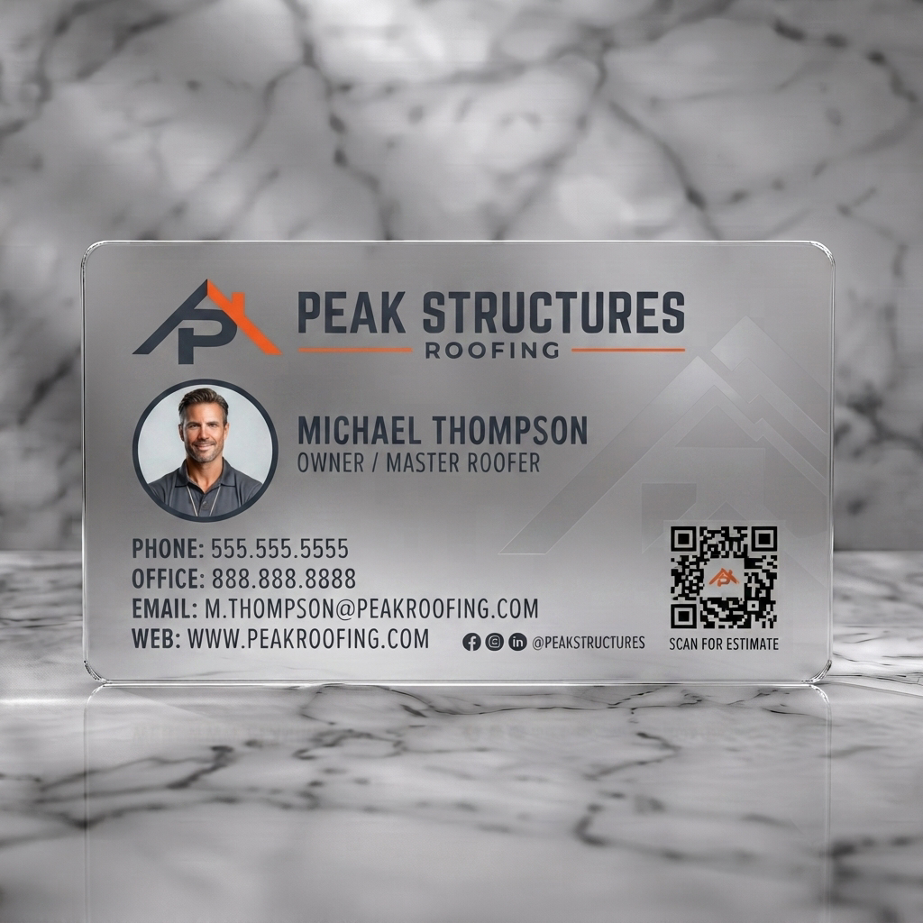 Frosted translucent plastic business card featuring modern style with black and orange branding, sans-serif fonts, 'PS' roof logo, and QR code