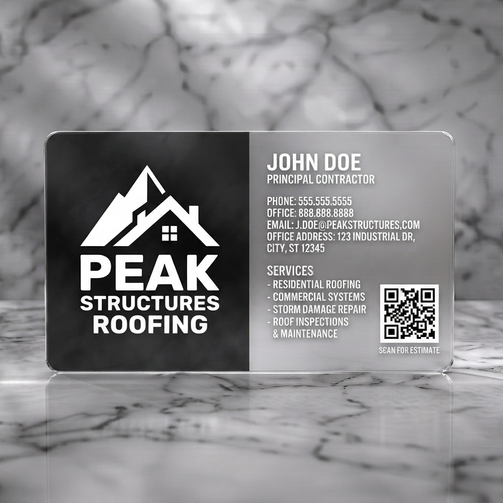 Frosted translucent plastic business card featuring sleek black and gray design with a mountain-house logo, modern sans-serif typography, and a QR code