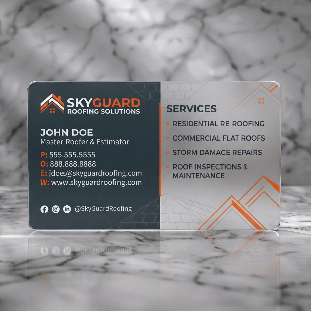 Frosted translucent plastic business card featuring modern grey & white design with orange accents, roof graphics, clean typography, and social icons