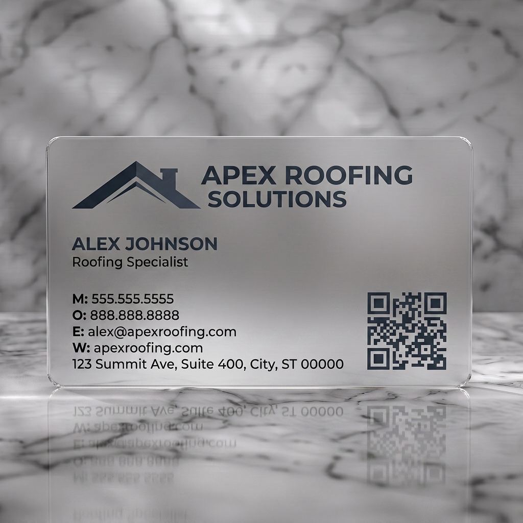 Frosted translucent plastic business card featuring a contemporary charcoal palette, minimalist roof icon, clear sans-serif text, and a functional QR code