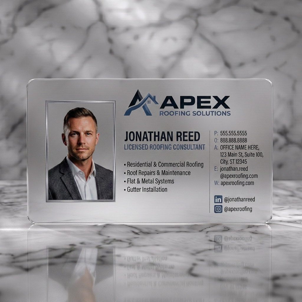 Frosted translucent plastic business card featuring a modern design with a professional headshot, blue-grey logo, clear sans-serif typography, and social icons
