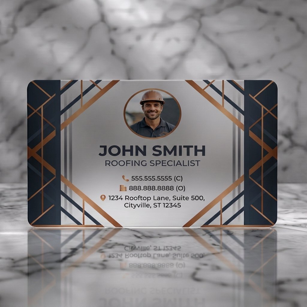 Frosted translucent plastic business card featuring geometric dark grey and rose gold pattern, sans-serif typography, and industry-specific icons with photo