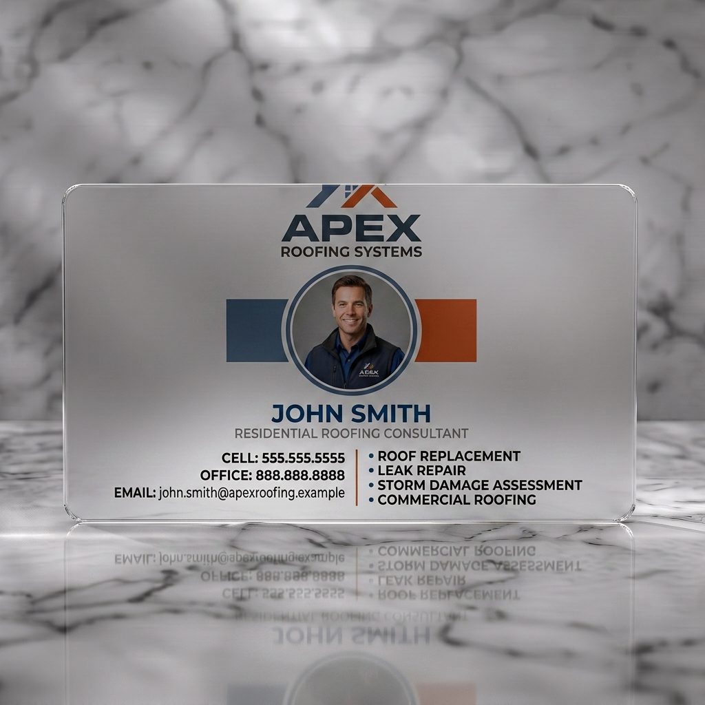 Frosted translucent plastic business card featuring a blue and orange Apex roofing logo, circular portrait, and clean sans-serif text