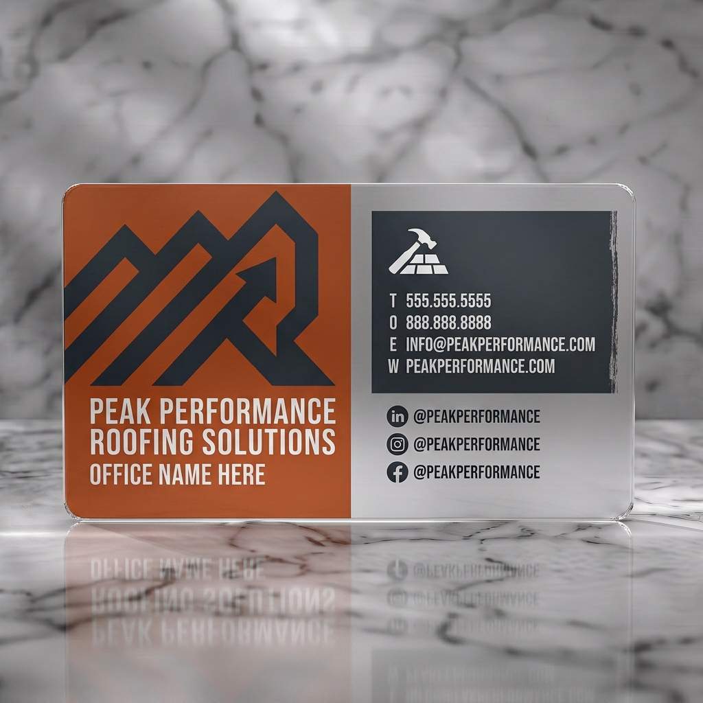 Frosted translucent plastic business card featuring modern geometric logo, burnt orange/charcoal, bold sans-serif, roofing/social media icons
