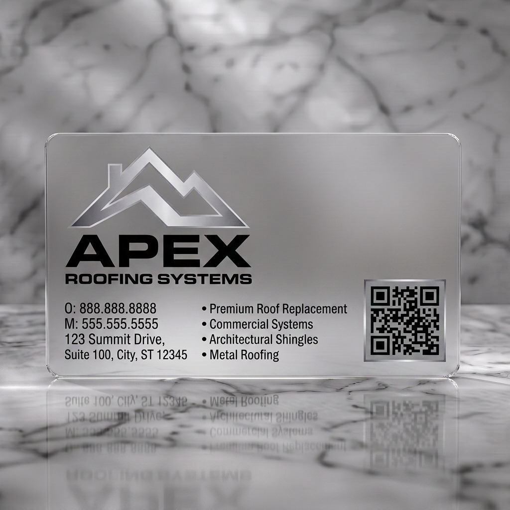 Frosted translucent plastic business card featuring modern silver roof icon, bold black typography, contact, service list, and QR code for roofing