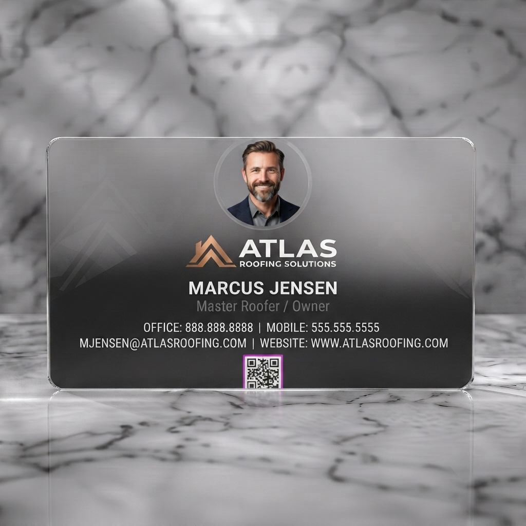 Frosted translucent plastic business card featuring modern dark grey with geometric pattern, copper roof logo, bold white text, and profile photo