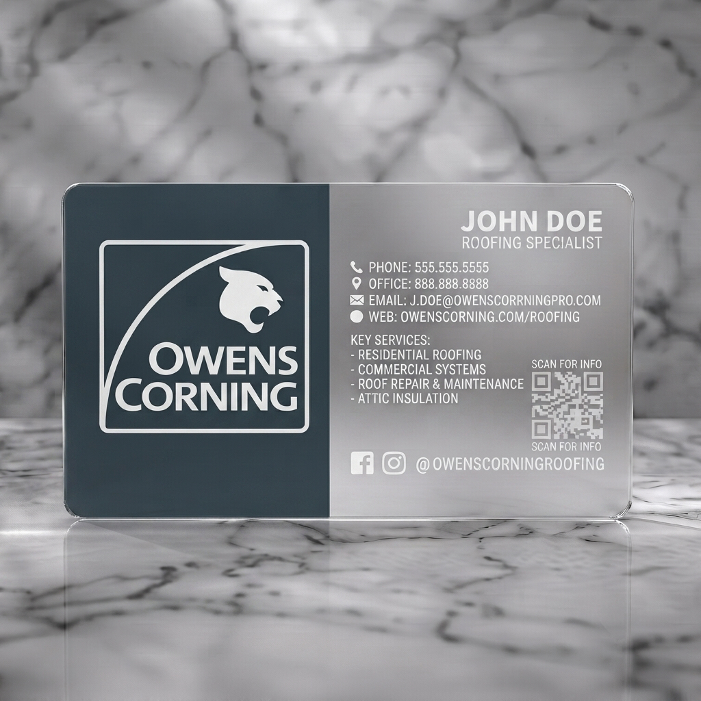 Frosted translucent plastic business card featuring modern two-tone design, clean sans-serif typography, crisp panther logo, and essential contact icons