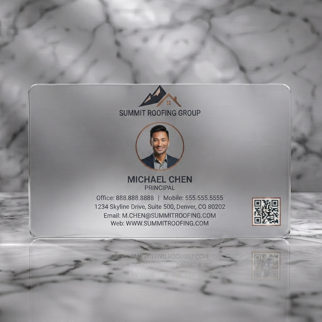 Frosted translucent plastic business card featuring a brushed metallic silver design with a mountain/roof logo, copper accents, modern typography, and a QR code