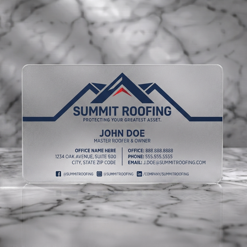 Frosted translucent plastic business card featuring a modern roofing design featuring a blue/red mountain logo, clean typography, and social media icons