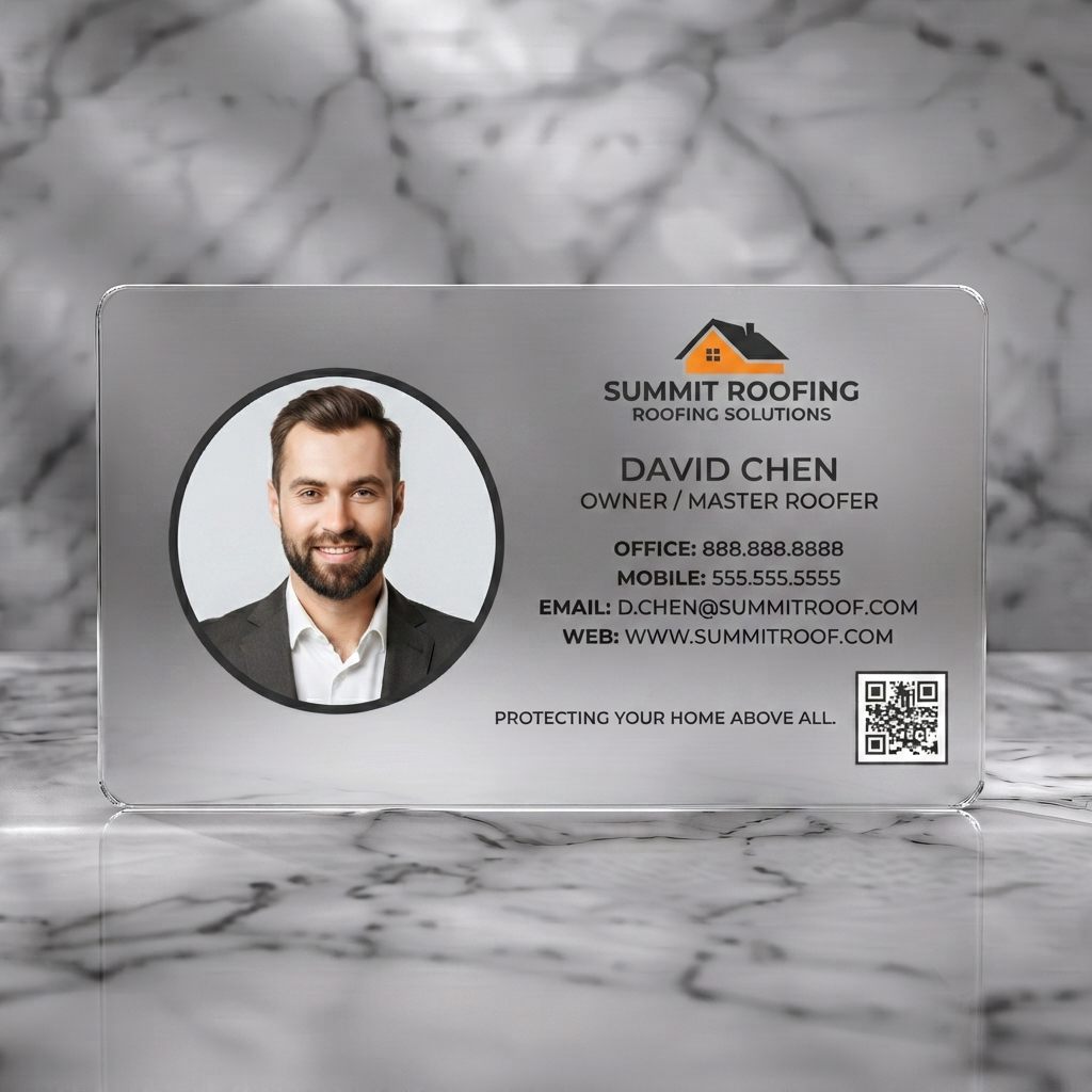 Frosted translucent plastic business card featuring a modern design, professional headshot, bold white typography, black & orange roof logo, and QR code