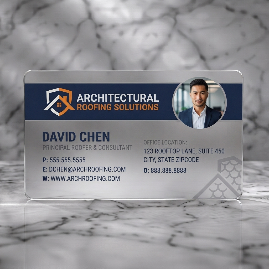 Frosted translucent plastic business card featuring a clean, professional design with a dark blue and orange palette, sans-serif typography, roof-shield logo, and a professional photo