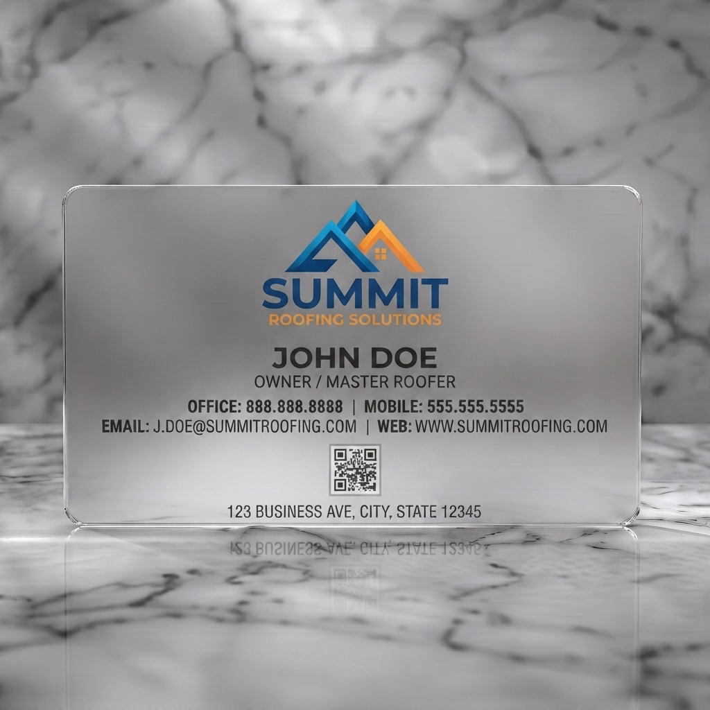 Frosted translucent plastic business card featuring a modern dark gray design, blue and orange roof logo, clear sans-serif text, and a QR code
