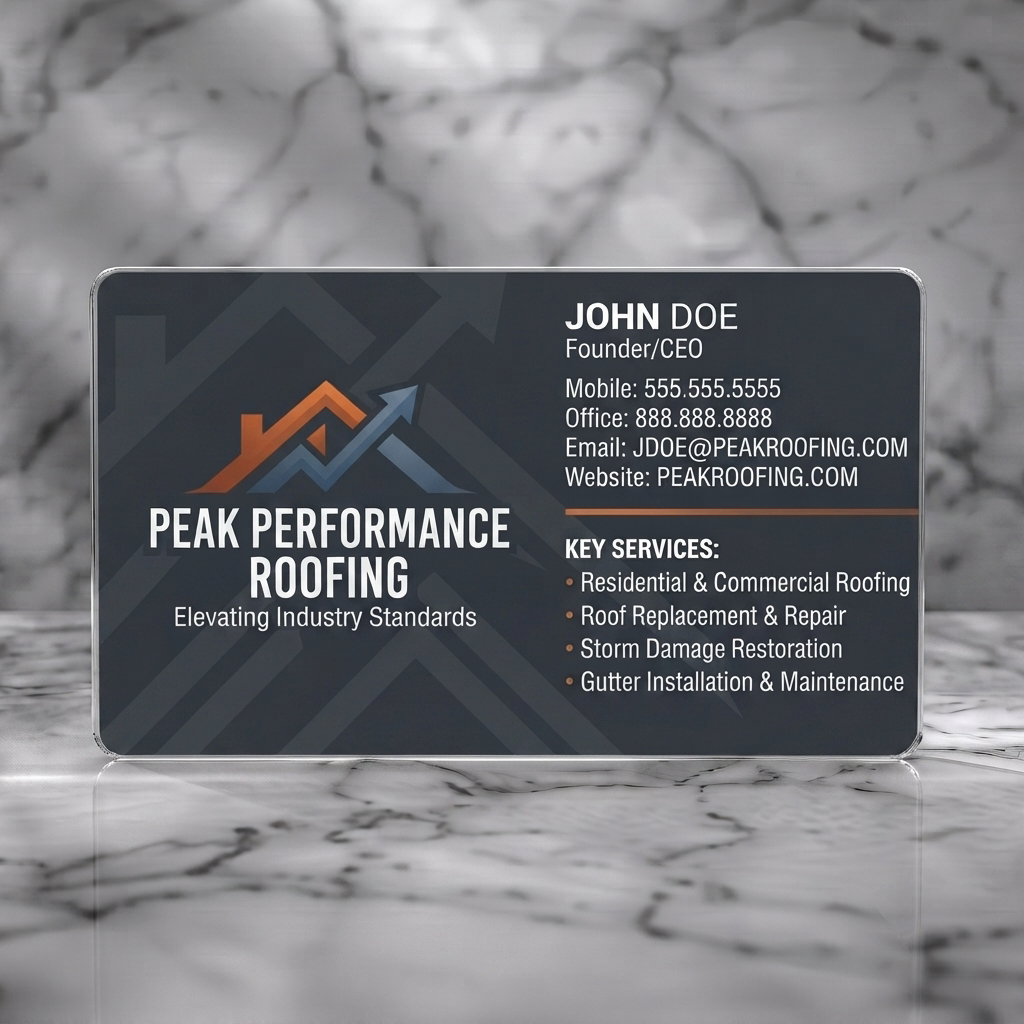 Frosted translucent plastic business card featuring modern dark gray design, orange/blue roof arrow logo, white sans-serif text, and key services