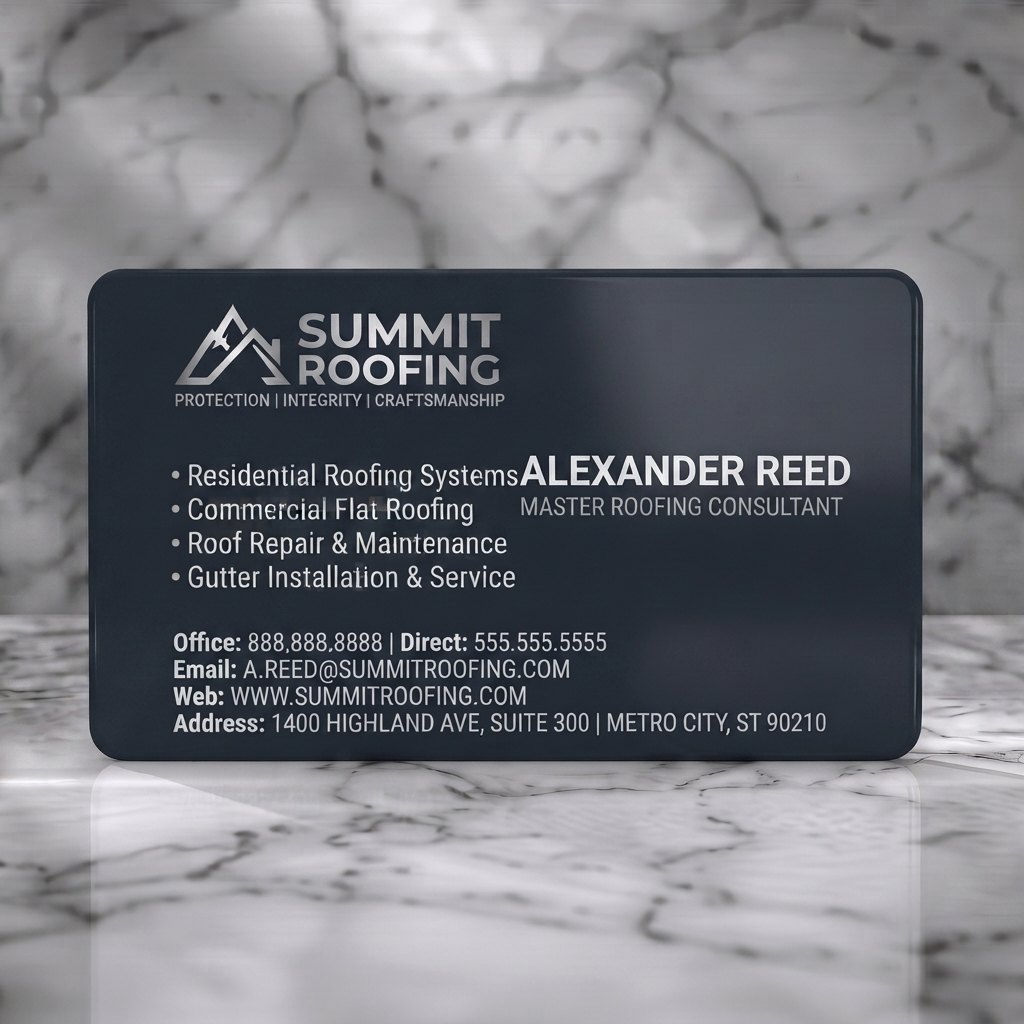 Solid white PVC business card featuring modern dark card with a mountain roof logo, clean white sans-serif typography, professional layout for roofing