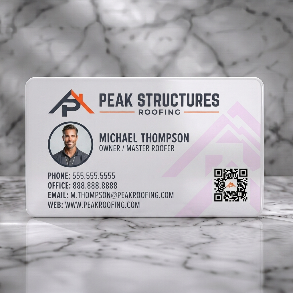 Solid white PVC business card featuring modern style with black and orange branding, sans-serif fonts, 'PS' roof logo, and QR code
