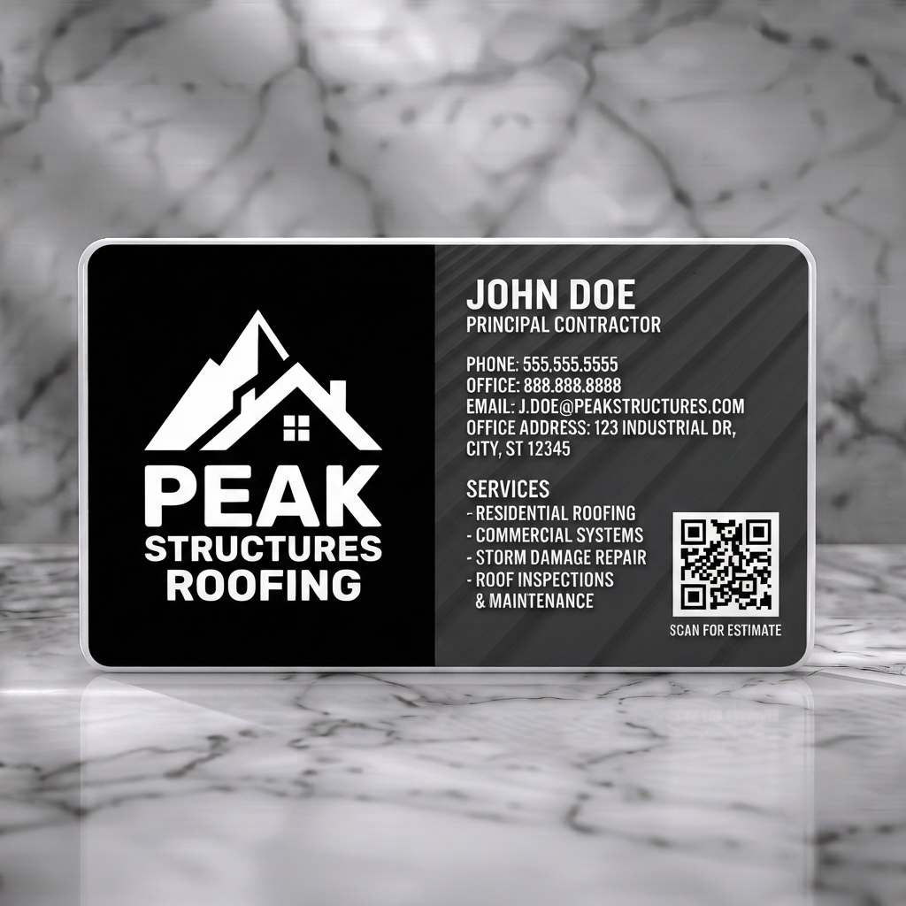Solid white PVC business card featuring sleek black and gray design with a mountain-house logo, modern sans-serif typography, and a QR code