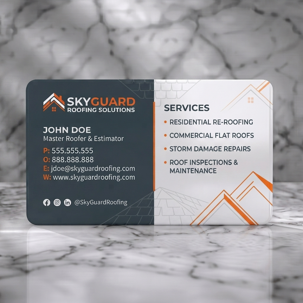 Solid white PVC business card featuring modern grey & white design with orange accents, roof graphics, clean typography, and social icons
