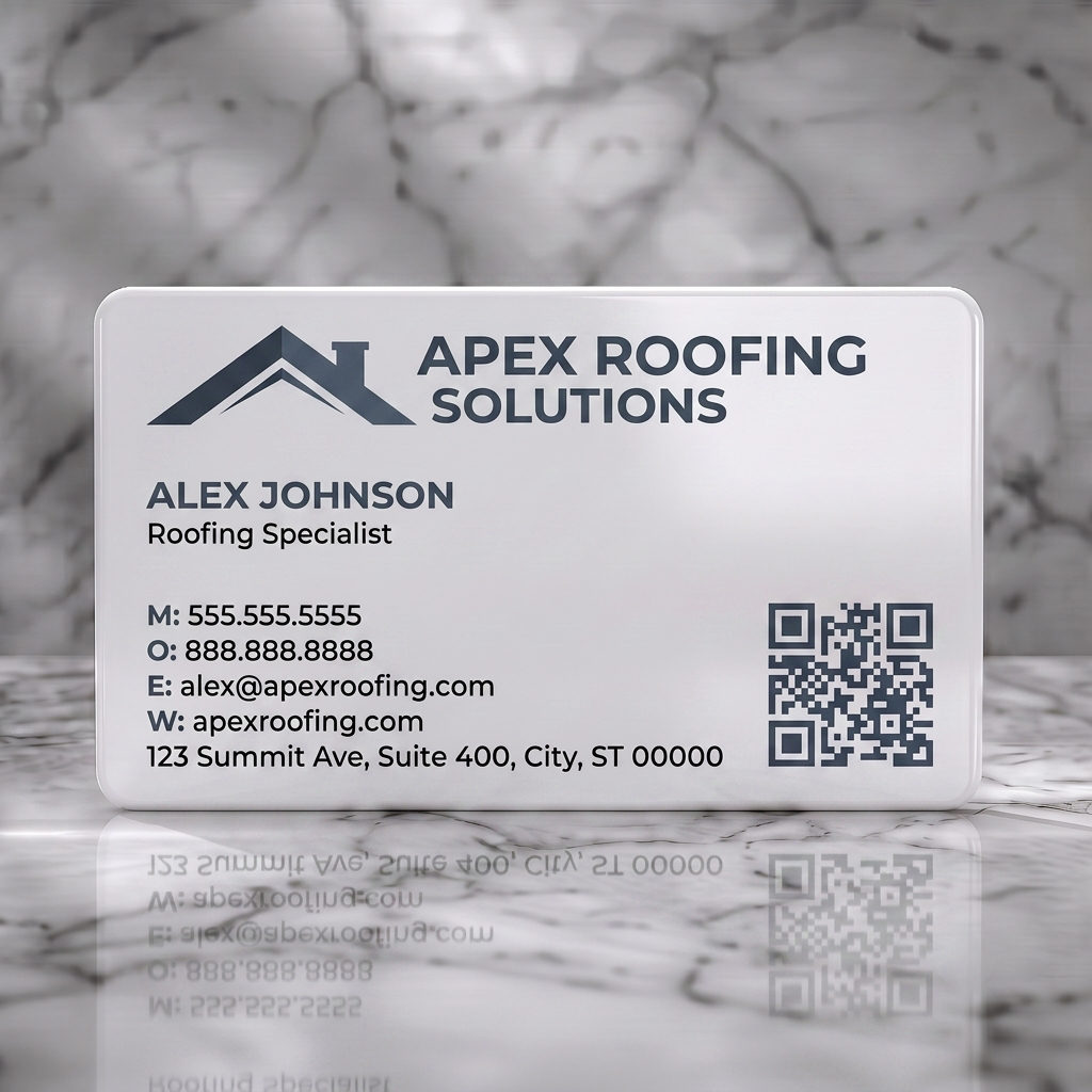 Solid white PVC business card featuring a contemporary charcoal palette, minimalist roof icon, clear sans-serif text, and a functional QR code