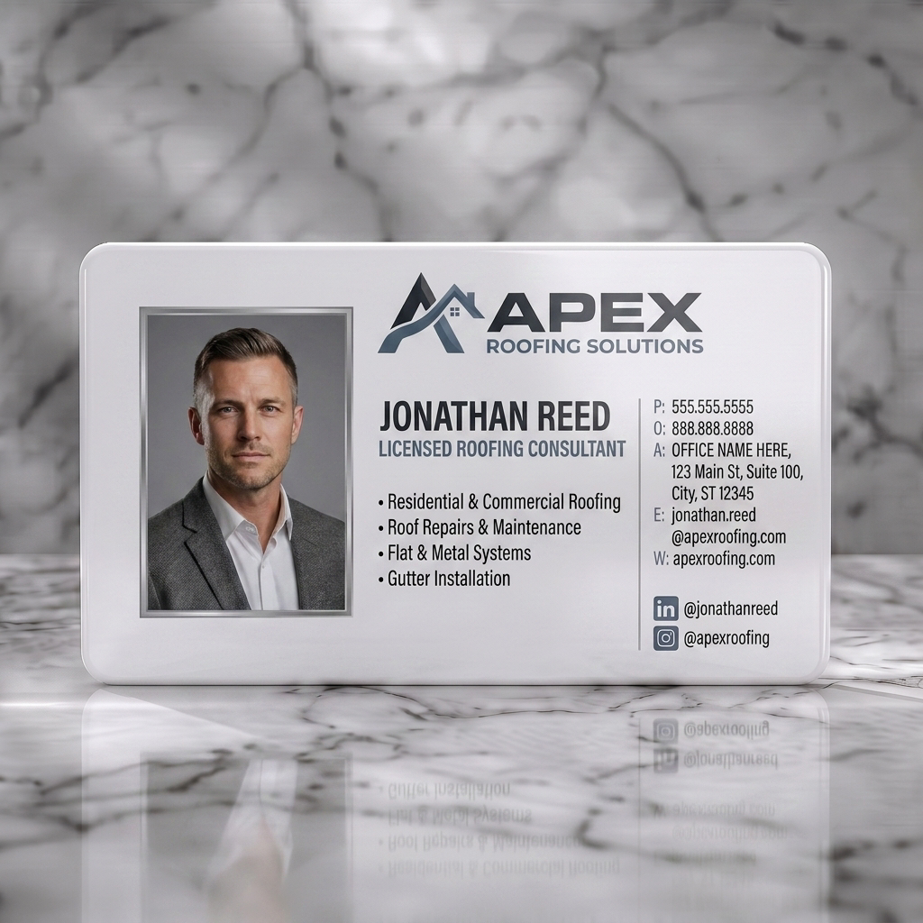 Solid white PVC business card featuring a modern design with a professional headshot, blue-grey logo, clear sans-serif typography, and social icons