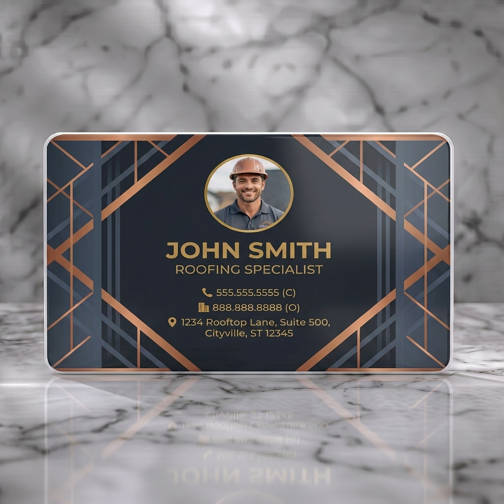 Solid white PVC business card featuring geometric dark grey and rose gold pattern, sans-serif typography, and industry-specific icons with photo