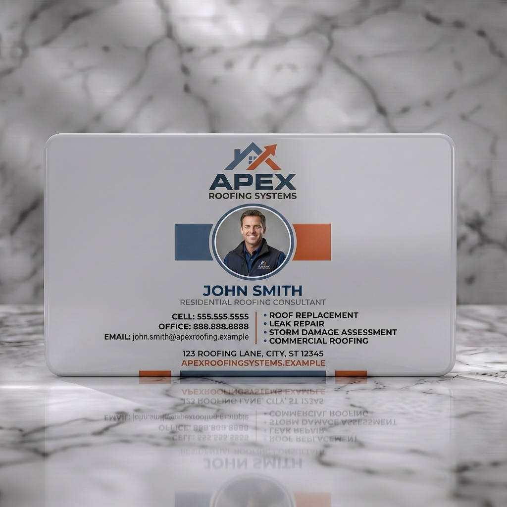 Solid white PVC business card featuring a blue and orange Apex roofing logo, circular portrait, and clean sans-serif text