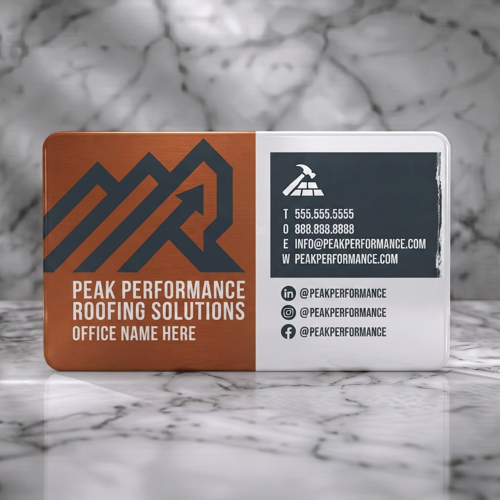 Solid white PVC business card featuring modern geometric logo, burnt orange/charcoal, bold sans-serif, roofing/social media icons