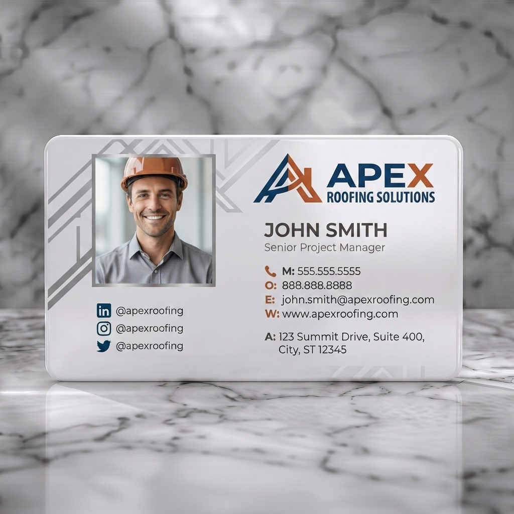 Solid white PVC business card featuring 