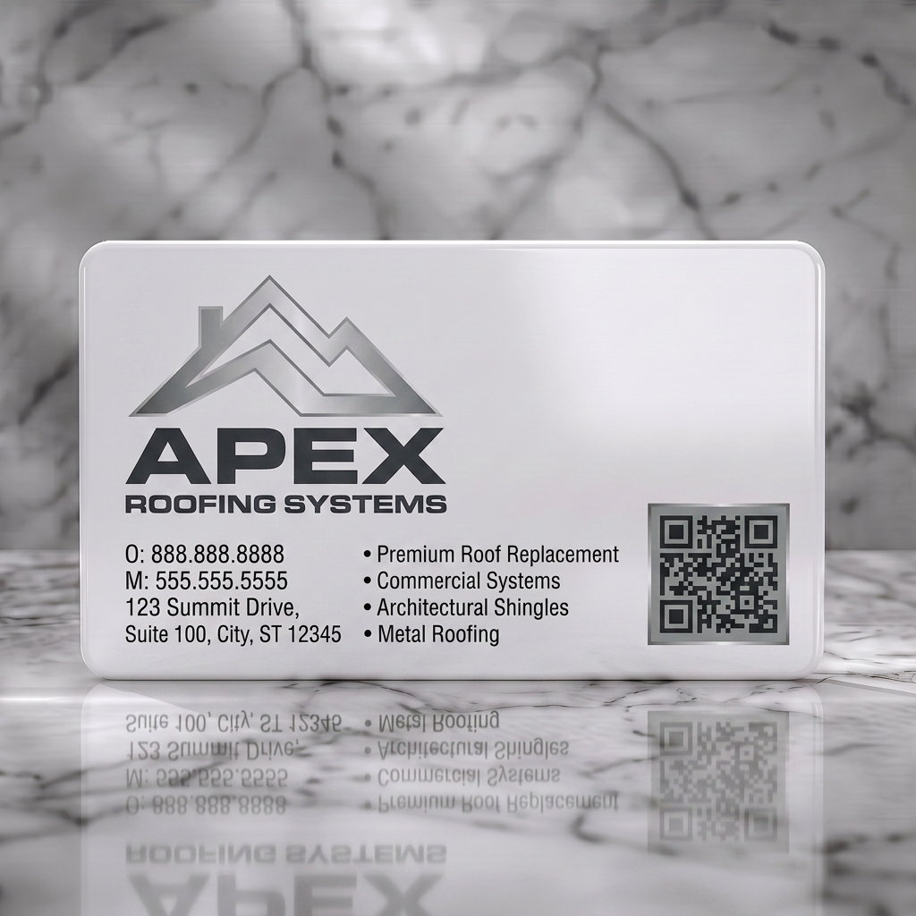 Solid white PVC business card featuring modern silver roof icon, bold black typography, contact, service list, and QR code for roofing