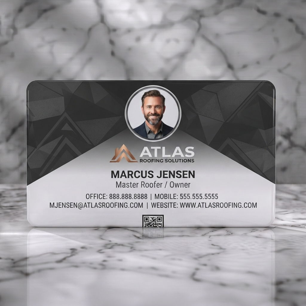 Solid white PVC business card featuring modern dark grey with geometric pattern, copper roof logo, bold white text, and profile photo