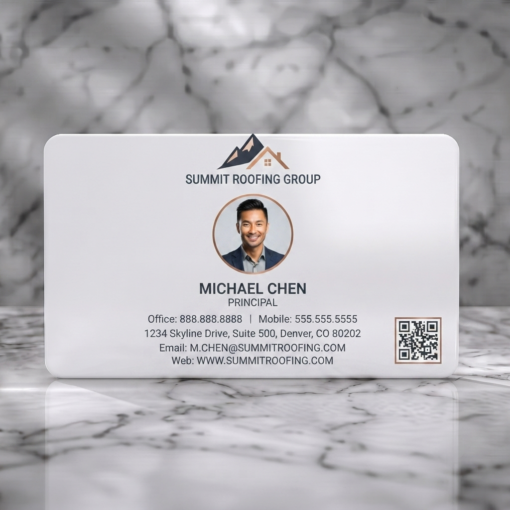 Solid white PVC business card featuring a brushed metallic silver design with a mountain/roof logo, copper accents, modern typography, and a QR code
