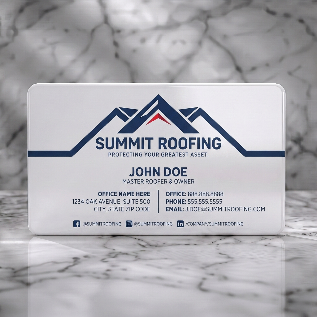 Solid white PVC business card featuring a modern roofing design featuring a blue/red mountain logo, clean typography, and social media icons
