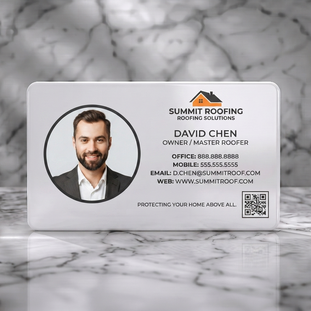 Solid white PVC business card featuring a modern design, professional headshot, bold white typography, black & orange roof logo, and QR code