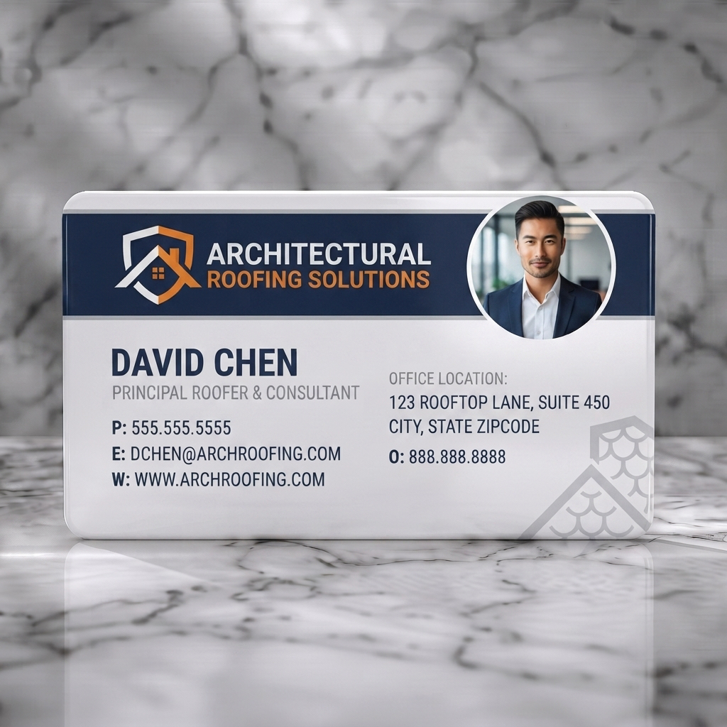 Solid white PVC business card featuring a clean, professional design with a dark blue and orange palette, sans-serif typography, roof-shield logo, and a professional photo