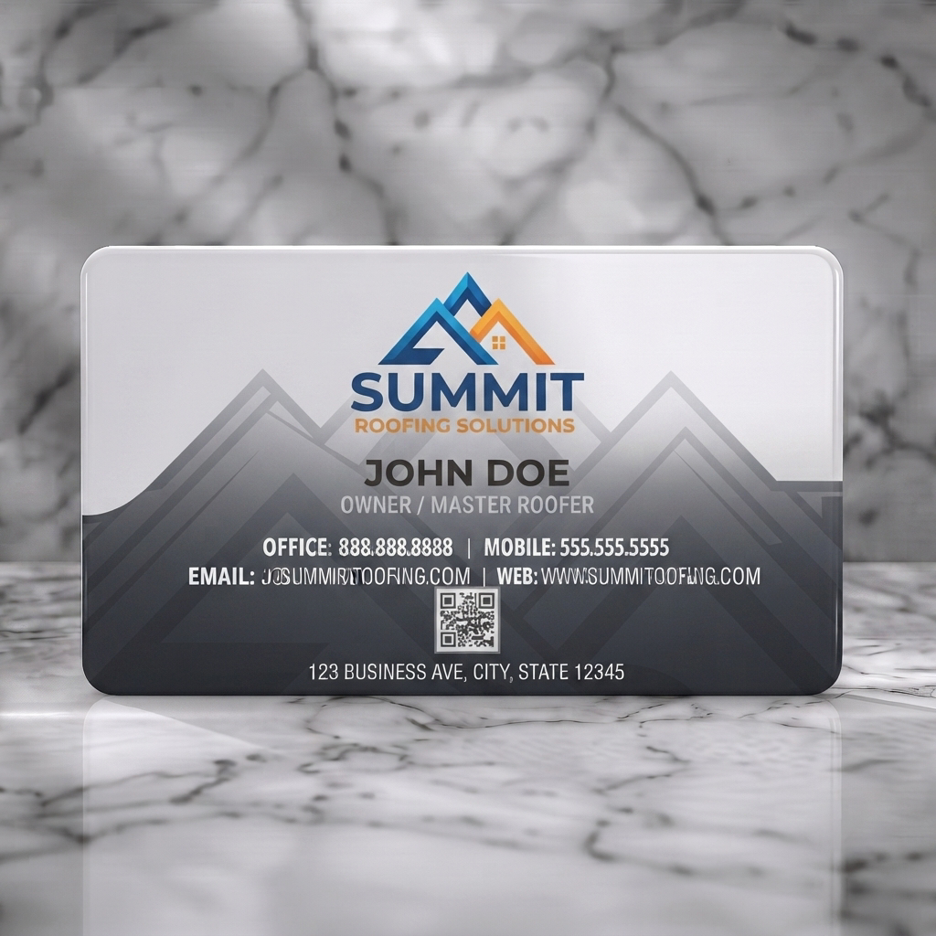 Solid white PVC business card featuring a modern dark gray design, blue and orange roof logo, clear sans-serif text, and a QR code