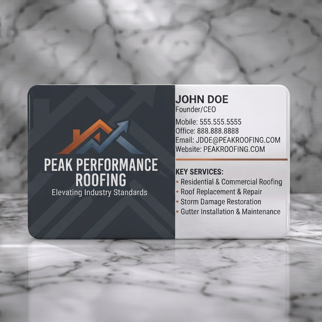 Solid white PVC business card featuring modern dark gray design, orange/blue roof arrow logo, white sans-serif text, and key services